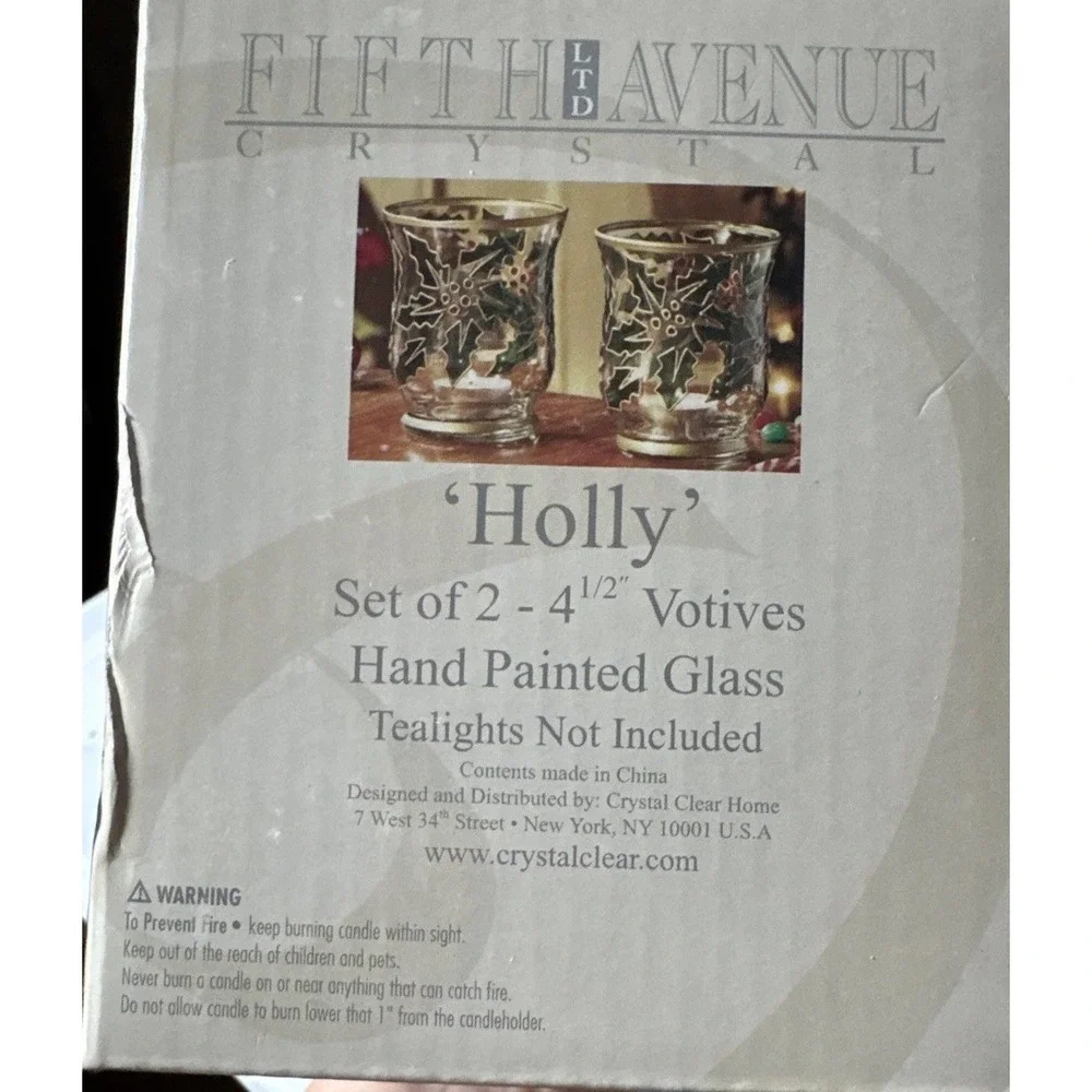 Fifth Avenue Crystal Votives Set of 2 Holly Berry Christmas Decor 4.5 Inches